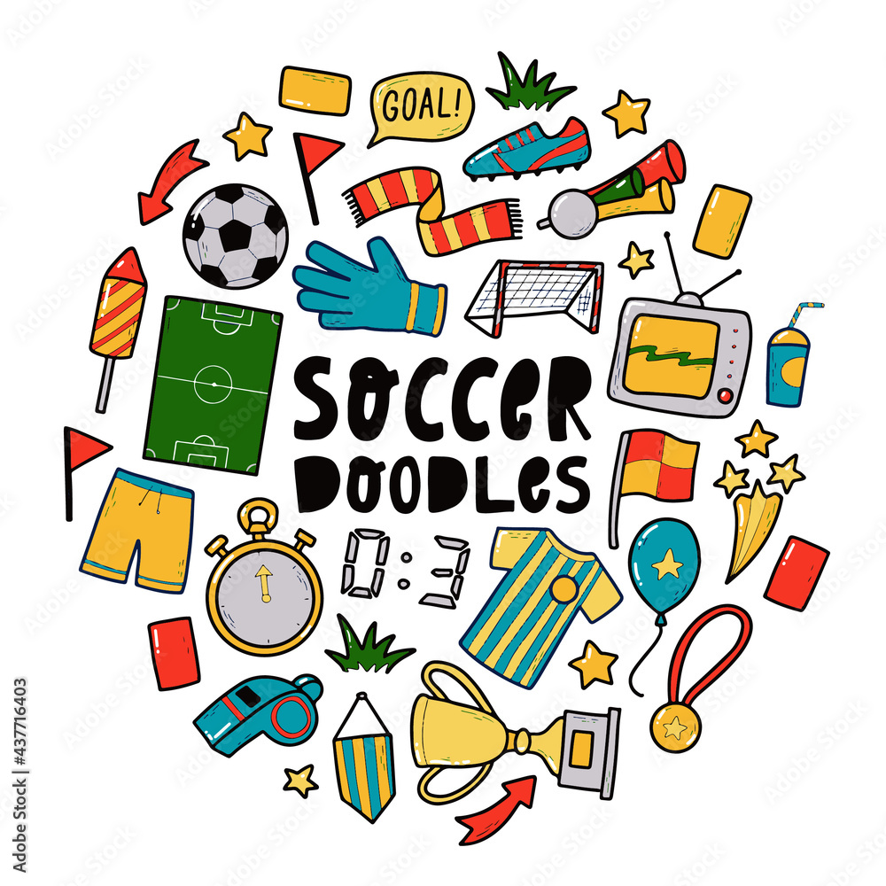 set of hand drawn soccer doodles isolated on white background. Good for stickers, prints, cards, banners, icons, clip art, etc. 