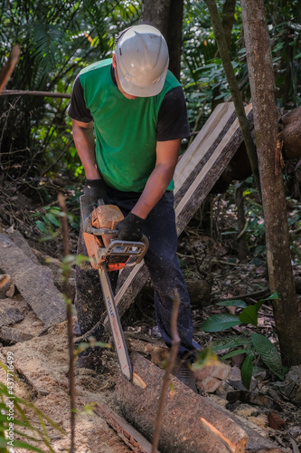 Unidentified man woodcutter cutting wood timber logs. He using a gasoline engine chainsaw as a main tool. photo