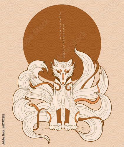 vector abstract illustration of japanese fantasy creature nine tailed fox kitsune in yellow colours