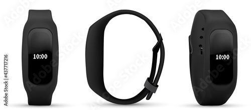 Fitness bracelet Collection of smart band. Realistic set of bright concepts on the use of fitness bracelets. Bracelet with run activity tracking.