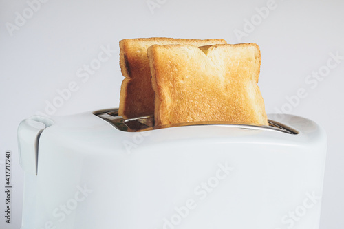Couple of crusty toast in the toaster, close focus.