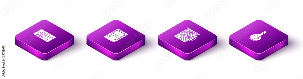 Set Isometric Create account screen, Portable video game console, Slot machine and Bottle with magic elixir icon. Vector Set Isometric Create account screen, Portable video game console, Slot machine and Bottle with magic elixir icon. Vector