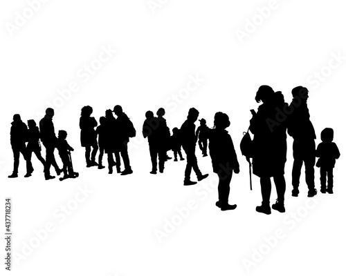 Big crowds people on street. Isolated silhouette on white background