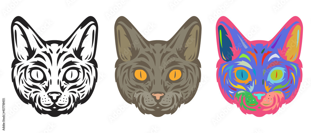 Fototapeta premium Collection cat head in hand drawn sketch style isolated on white background. Modern graphic design element for label or poster. Vector art illustration.