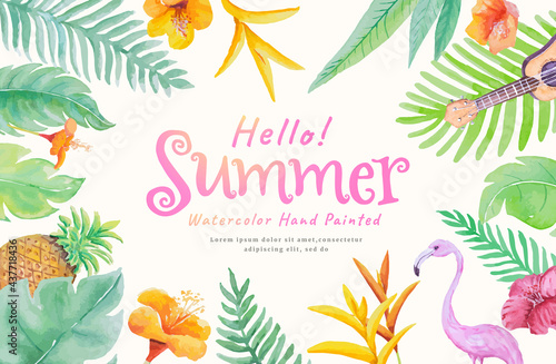 happy summer holidays concept with decoration botanical,guitar,flamingo watercolor hand painted