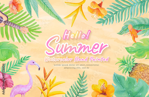 happy summer holidays concept with decoration botanical,guitar,flamingo watercolor hand painted