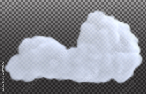 Realistic white cloud isolated on transparent background. Bright design element. Vector illustration.