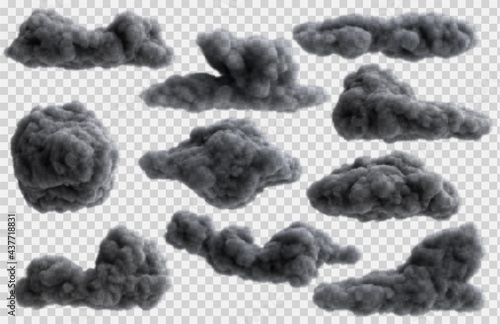 Set of realistic overcast rain clouds isolated on transparent background. Bright design element. Vector illustration.