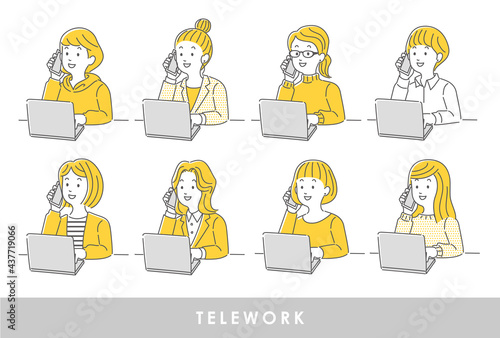 テレワークをする女性のイラストのセット素材