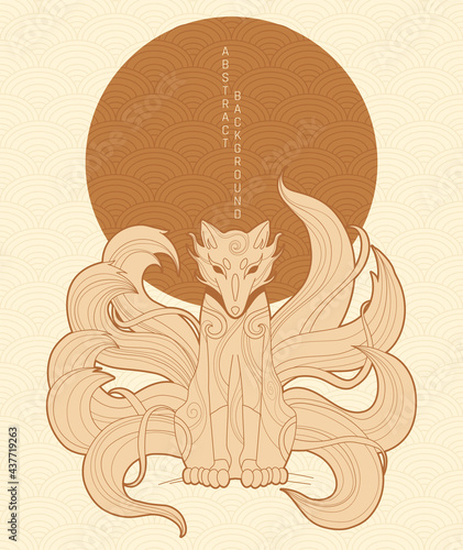 vector abstract illustration of japanese fantasy creature nine tailed fox kitsune in light gold
