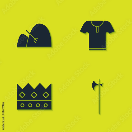 Set Bale of hay and rake, Medieval halberd, King crown and Body armor icon. Vector
