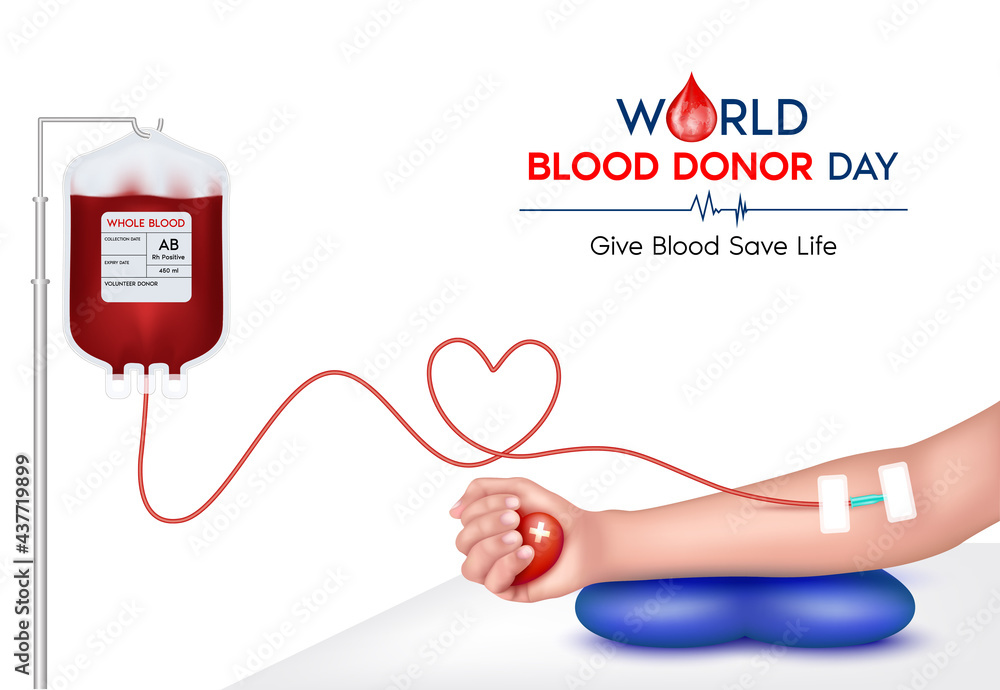 Blood donation concept with blood bag, hand and heart medical sign. Give blood save life, World blood donor day-June 14. 3D Vector EPS10 illustration.