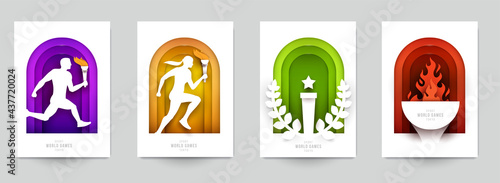 Set templates for action sport games in modern paper cut style. Minimalistic design elements. Creative concept for branding background banner, poster, card, cover. Vector illustration.