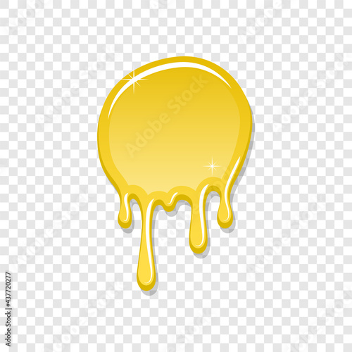 Drip paint spot 3D, isolated white transparent background. Gold ink splash. Yellow splatter stain texture. Dribble down design. Flow art material. Liquid drop. Splash stain liquid Vector illustration