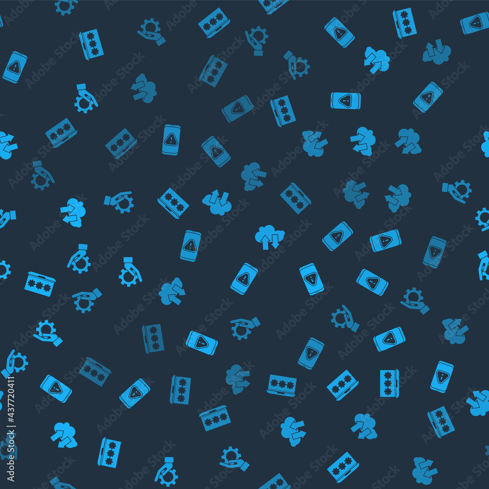 Set Laptop with password, Mobile exclamation mark, Cloud download and upload and Hand settings gear on seamless pattern. Vector Set Laptop with password, Mobile exclamation mark, Cloud download and upload and Hand settings gear on seamless pattern. Vector
