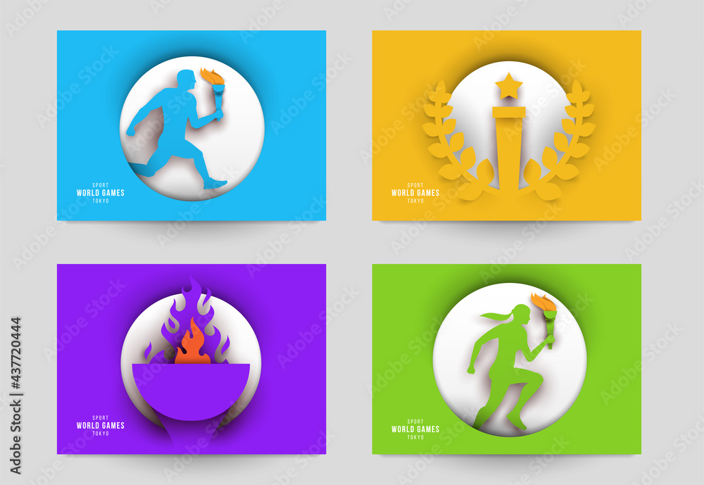 Set templates for action sport games in modern paper cut style. Minimalistic design elements. Creative concept for branding background banner, poster, card, cover. Vector illustration. Set templates for action sport games in modern paper cut style. Minimalistic design elements. Creative concept for branding background banner, poster, card, cover. Vector illustration.