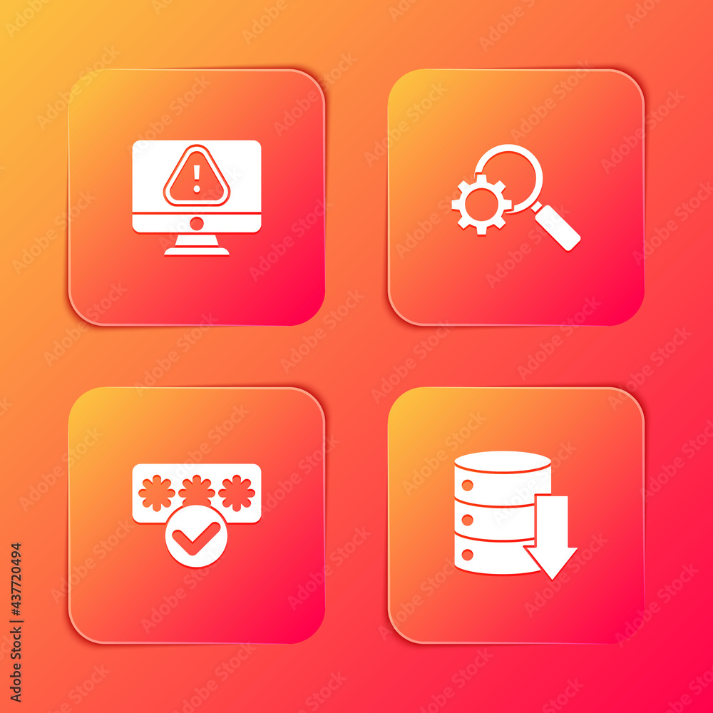 Set Monitor with exclamation mark, Magnifying glass and gear, Password protection and Server, Data, Web Hosting icon. Vector Set Monitor with exclamation mark, Magnifying glass and gear, Password protection and Server, Data, Web Hosting icon. Vector