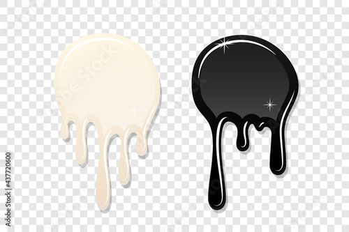 Drip paint spot 3D set isolated transparent background. Black white ink splash. Splatter stain texture. Dribble down design. Flow art material. Liquid drop. Fluid spill stain Vector illustration