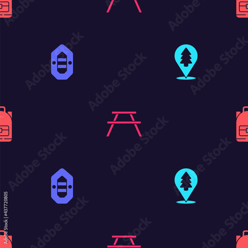 Set Location of the forest, Rafting boat, Picnic table with benches and Hiking backpack on seamless pattern. Vector