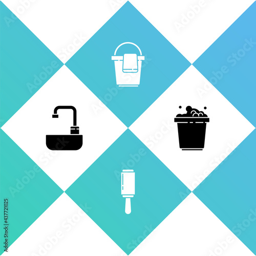 Set Washbasin with water tap, Adhesive roller, Bucket rag and soap suds icon. Vector