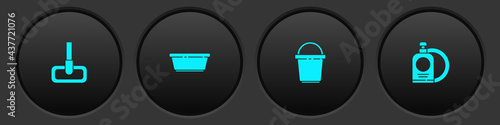 Set Mop, Plastic basin, Bucket and Dishwashing liquid bottle and plate icon. Vector