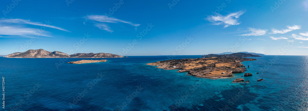 Greece, Koufonisia small Cyclades island, aerial drone panorama