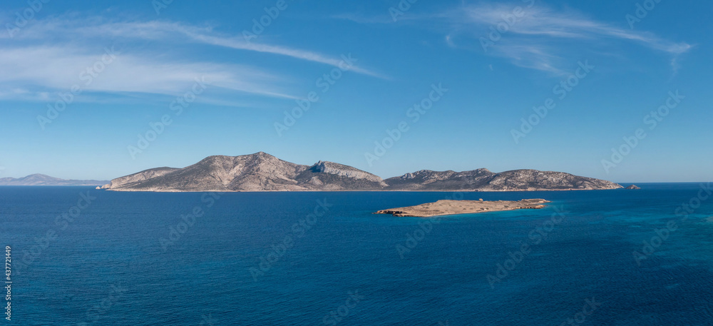 Greece, Lesser Cyclades islands, aerial drone panoramic view