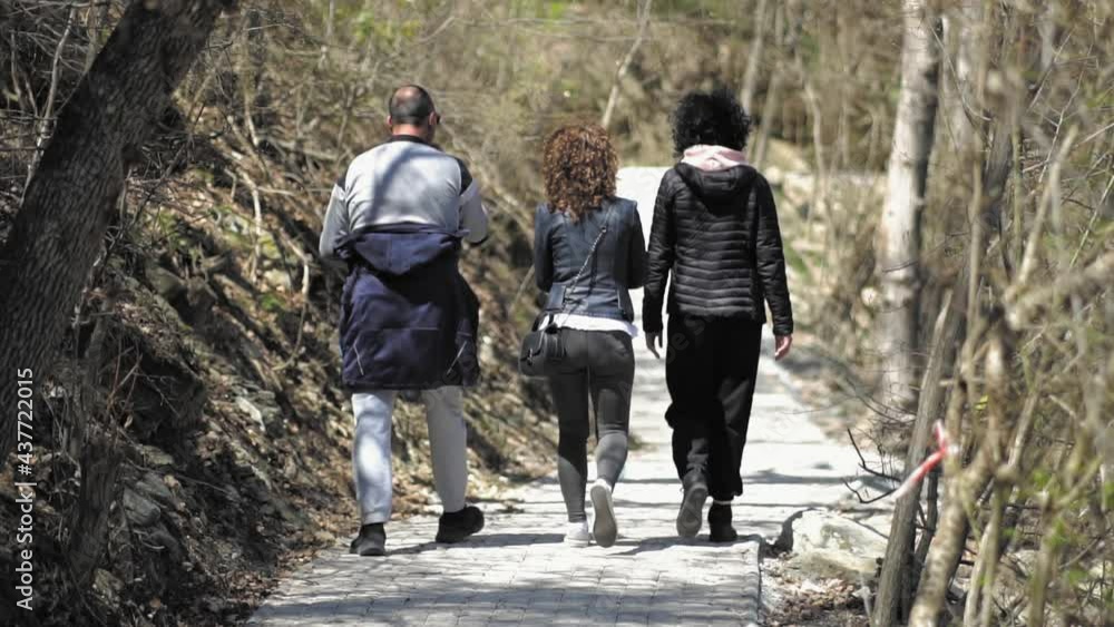Group of people walking on the forest pathway, Adventure, travel, and hiking, slow motion Group of people walking on the forest pathway, Adventure, travel, and hiking, slow motion