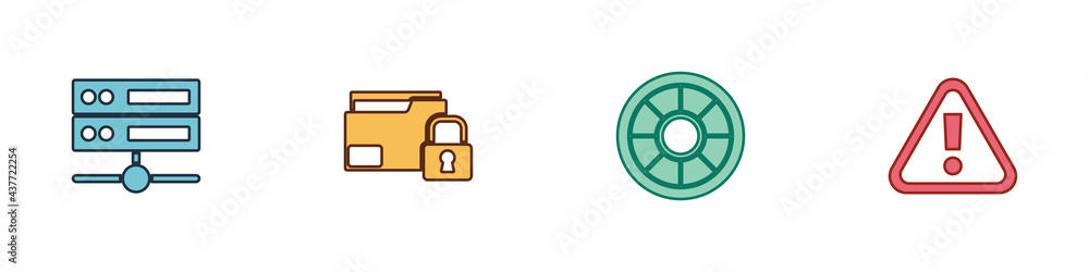 Set Server, Data, Web Hosting, Folder and lock, Safe and Exclamation mark triangle icon. Vector Set Server, Data, Web Hosting, Folder and lock, Safe and Exclamation mark triangle icon. Vector