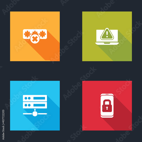 Set Password protection, Laptop with exclamation mark, Server, Data, Web Hosting and Mobile closed padlock icon. Vector