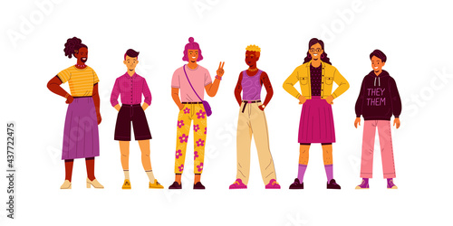 Non-binary people collection. Vector illustration of diverse cartoon young adult people without gender identity in trendy flat style. Isolated on white