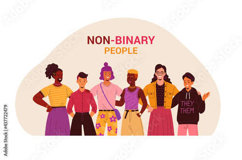 Non-binary people concept. Vector illustration of diverse cartoon young adult people without gender identity, standing together. Trendy flat style. Isolated on white
