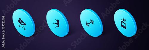 Set Isometric Bottle of liquid soap, Dumbbell, Ginger root and Scented spa stick icon. Vector