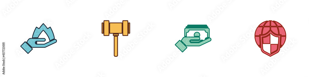 Set Hand holding a fire, Judge gavel, Stacks paper money cash and Shield with world globe icon. Vector Set Hand holding a fire, Judge gavel, Stacks paper money cash and Shield with world globe icon. Vector