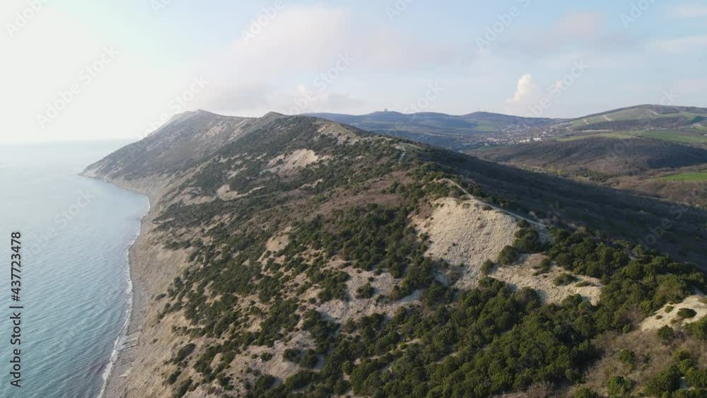 Aerial view of coastline with sea and cliff with evergreen trees. Aerial view of coastline with sea and cliff with evergreen trees.