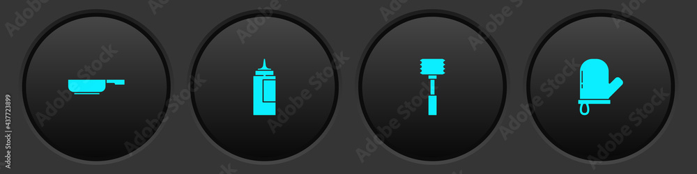 Set Frying pan, Sauce bottle, Kitchen hammer and Oven glove icon. Vector Set Frying pan, Sauce bottle, Kitchen hammer and Oven glove icon. Vector