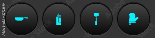 Set Frying pan, Sauce bottle, Kitchen hammer and Oven glove icon. Vector
