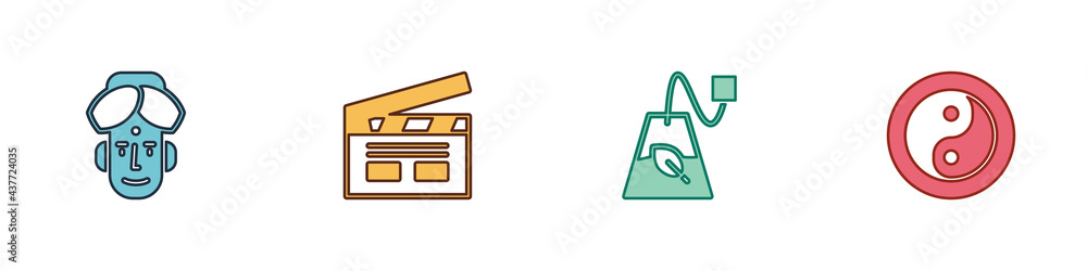 Set Indian man, Bollywood indian cinema, Tea bag and Yin Yang icon. Vector Set Indian man, Bollywood indian cinema, Tea bag and Yin Yang icon. Vector