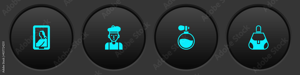 Set Portrait in museum, French man, Perfume and Handbag icon. Vector Set Portrait in museum, French man, Perfume and Handbag icon. Vector