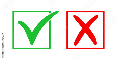 Wrong and right. Icon check mark yes and x. Red and green color sign isolated on white background. Wrong or right checkmark. Symbol correct and false. Tick box. Ok or cross. Done choice. Vector
