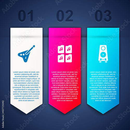 Set Electric bass guitar, Music file document and Stereo speaker. Business infographic template. Vector