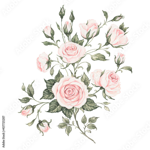 Watercolor illustration sketching on paper with paints of a delicate beautiful bouquet of blooming roses