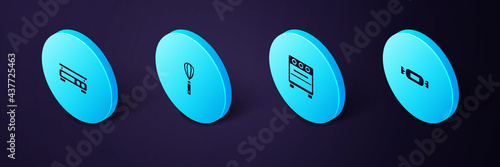 Set Isometric Candy, Oven, Kitchen whisk and Electronic scales icon. Vector