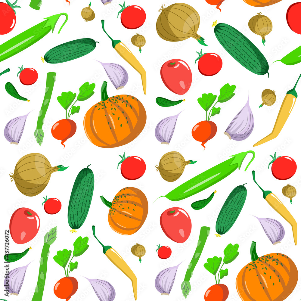 Fototapeta premium Seamless pattern with vegetables in a cartoon style. Vector texture. Flat icons pepper, pumpkin, asparagus, and tomato. Vegetarian healthy food. Vegan, Farm, Organic, Natural background