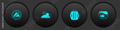 Set No shit, Clockwork mouse, Pet carry case and Aquarium with fish icon. Vector