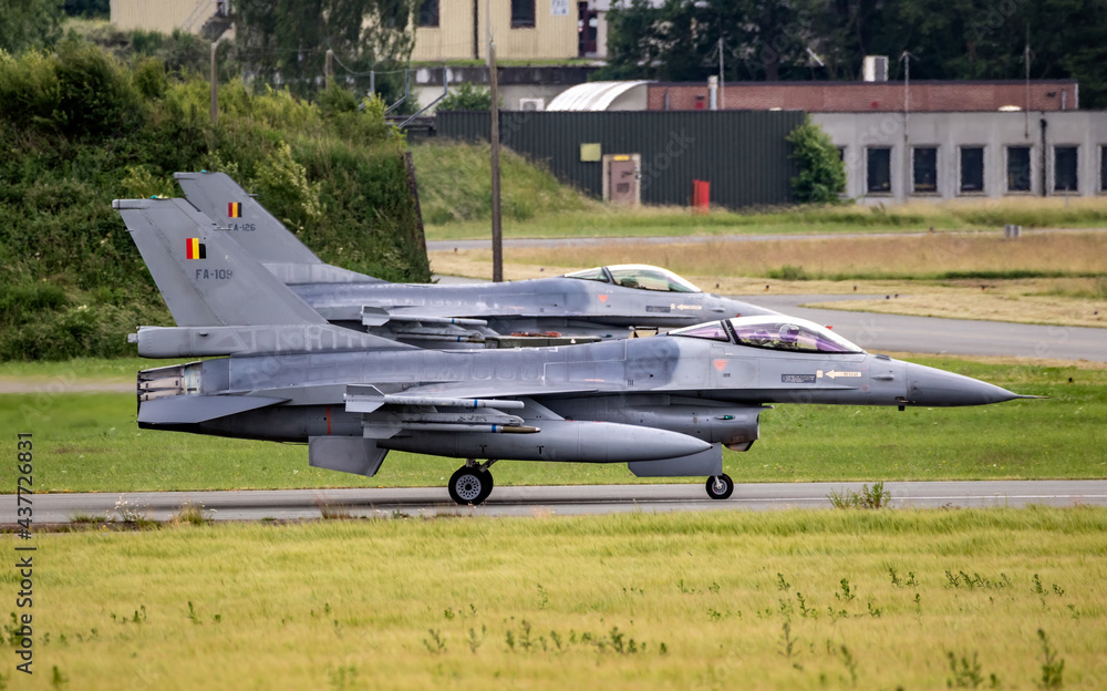 Belgian Air Force F-16 fighter jet plane taxiing to the runway at ...