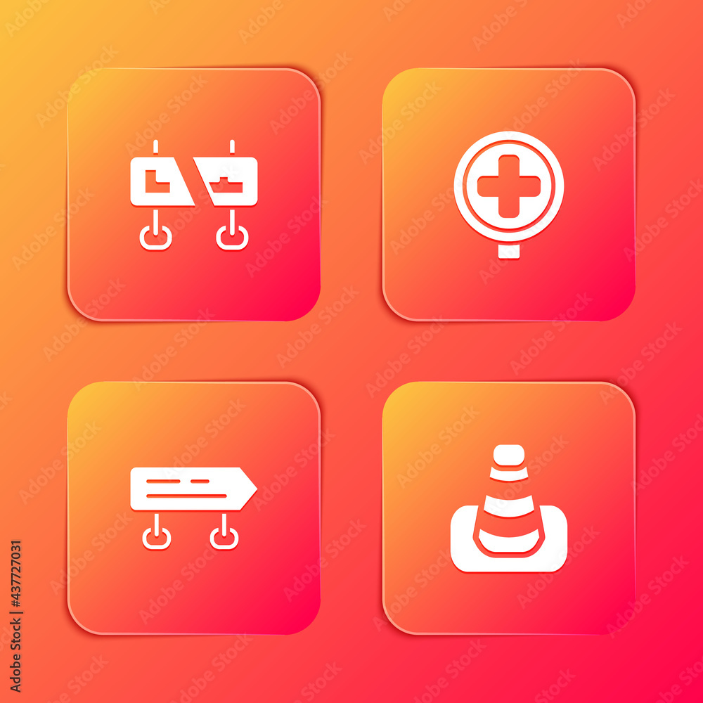 Set Road traffic sign, Hospital road, and Traffic cone icon. Vector Set Road traffic sign, Hospital road, and Traffic cone icon. Vector