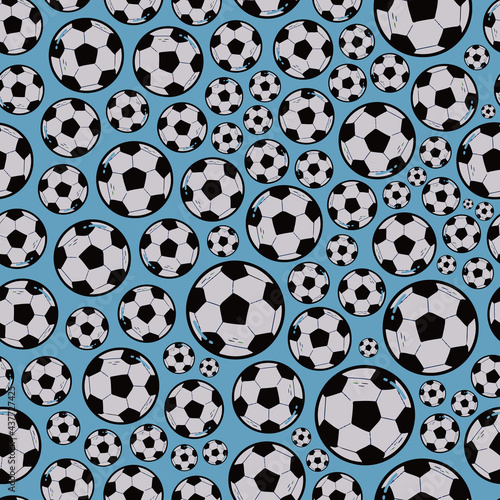 soccer football seamless pattern with hand drawn balls on blue background. Good for prints  wrapping paper  textile  scrapbooking  wallpaper  etc. 