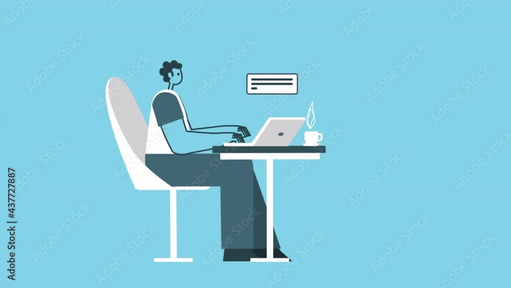 Chatting in a cafe using a laptop. Graphic Flat Design Man Cartoon Character Isolated Loop 2d Animation with Alpha