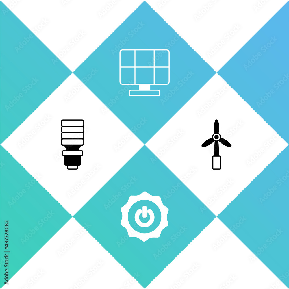 Set LED light bulb, Power button, Solar energy panel and Wind turbine icon. Vector